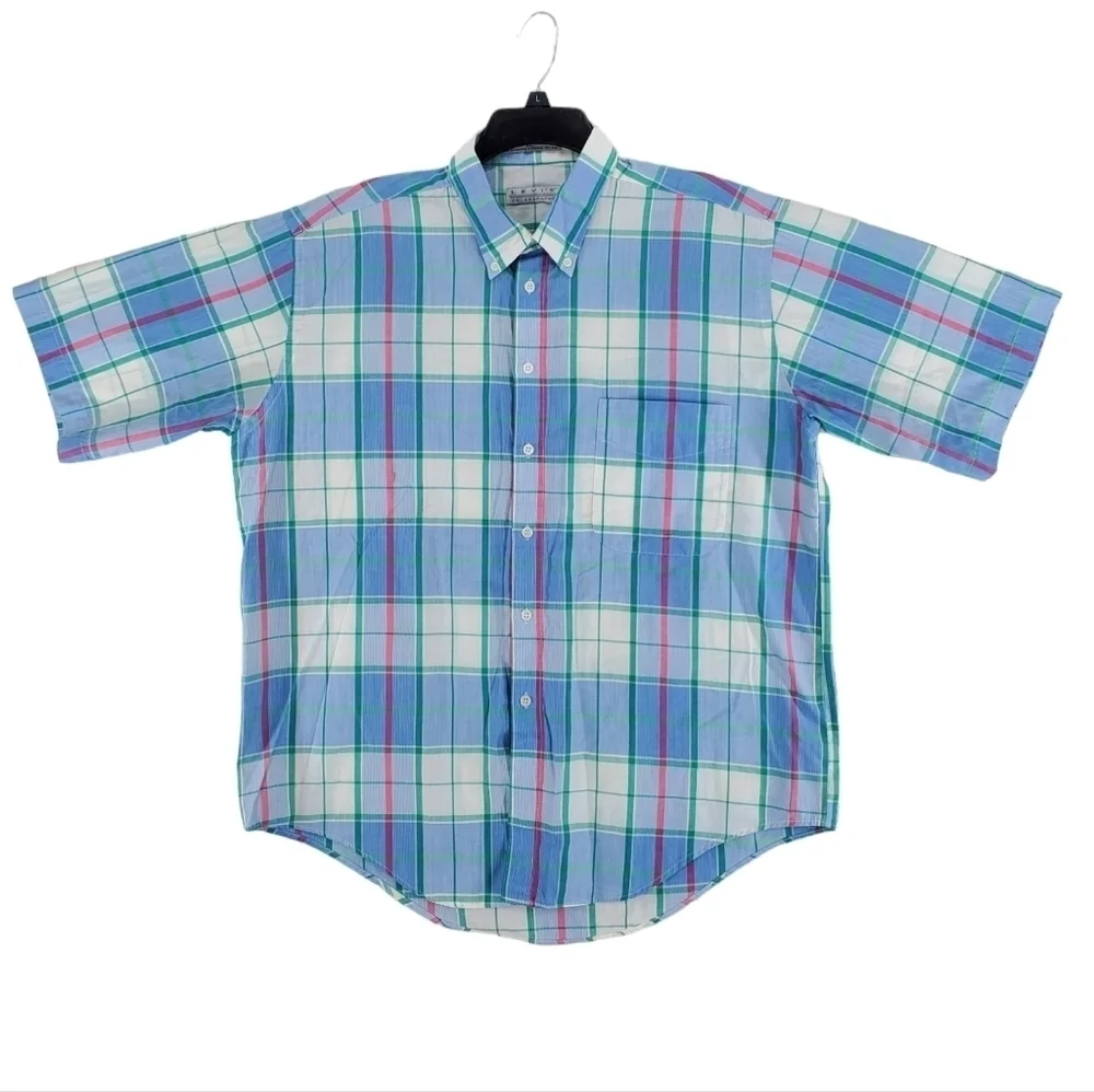 Vtg Levis Shirt Mens XL Tartan Plaid Button Down Blue White Colorgraphs 80s SS